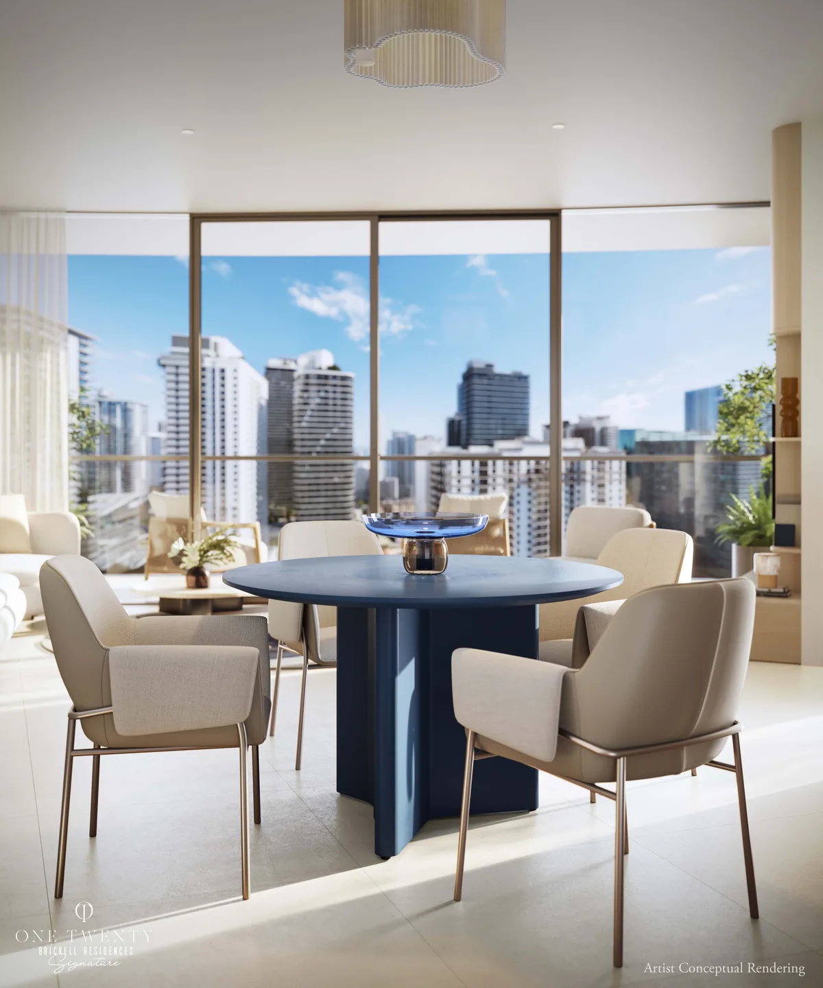 Dining room with blue table and Miami skyline